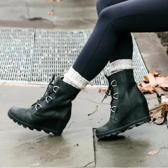 Sorel Joan Of Arctic Wedge II Black Waterproof Leather Lace-Up Boots Women SZ 7 - Picture 1 of 11